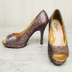 Candies Cayunnis Glitter Peep Toe Platform Pumps Women's Size 8